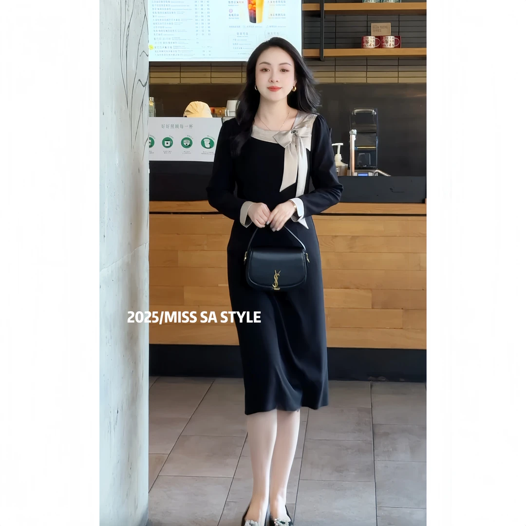 MISS SA 秋季新香槟金撞色设计显瘦赫本风时尚长裙连衣裙25099301