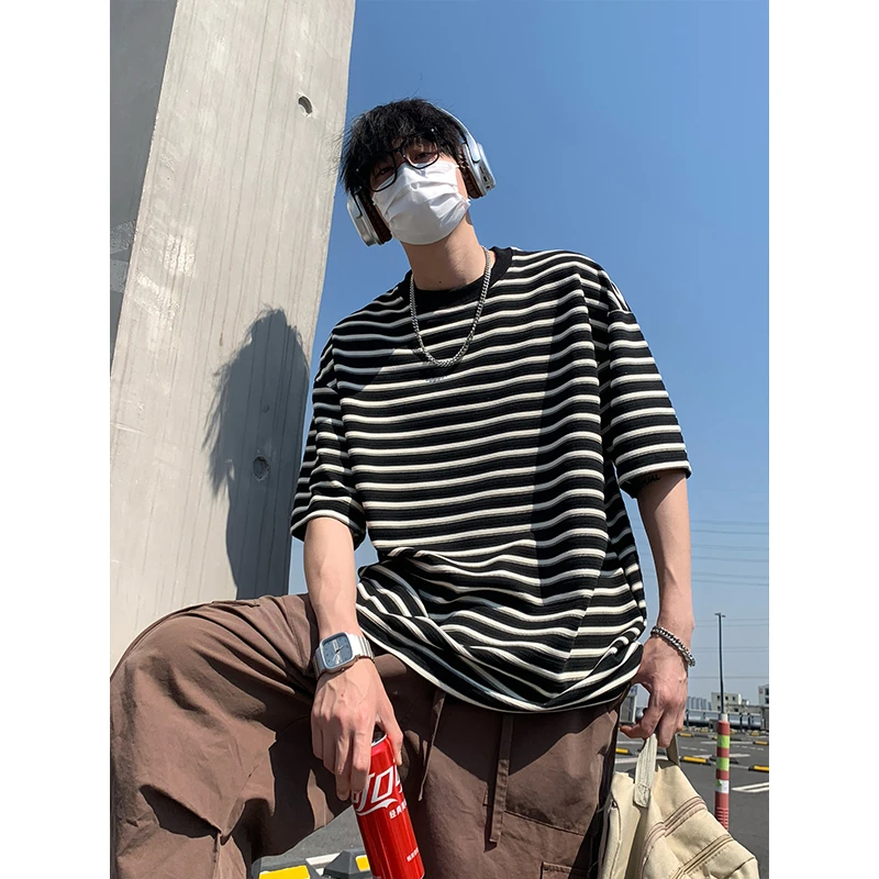 美式潮牌条纹短袖男T恤夏季重磅落肩五分袖港风休闲男生衣服短袖