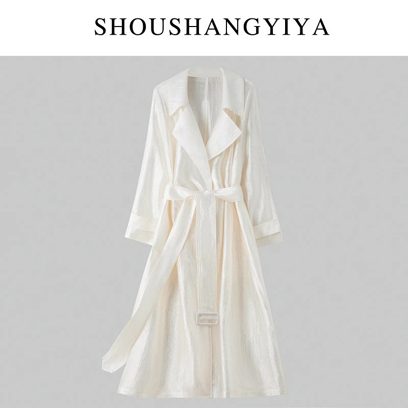 夏季新款醋酸白色薄款宽松风衣中长款时尚翻领防晒女士气质外套