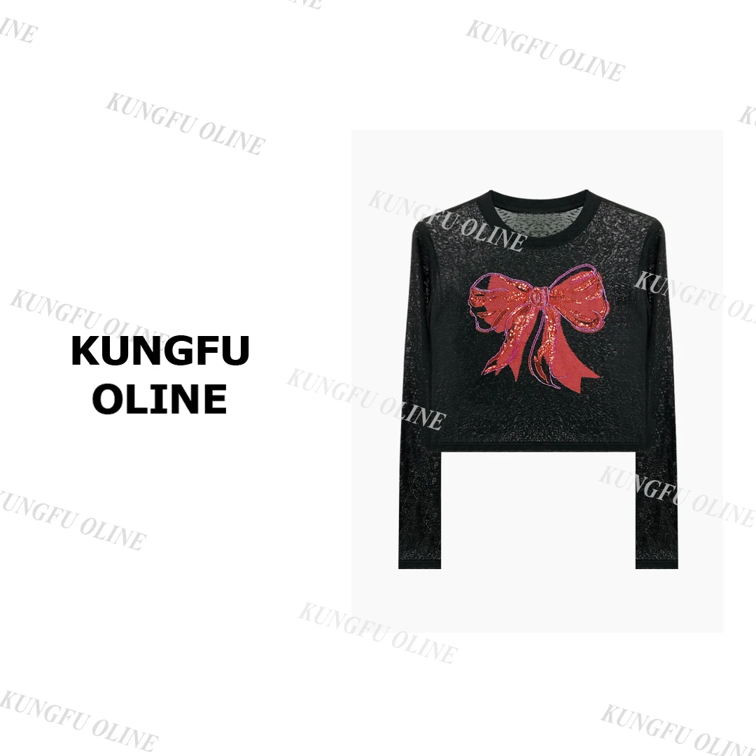 【祎祎】【亮片蝴蝶结】CT8467秋季流光风天丝亚麻T恤正肩长袖上衣