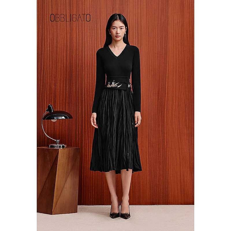 OBBLIGATO奥丽嘉朵1C65505070专选2025冬季新款拼接褶皱连衣裙