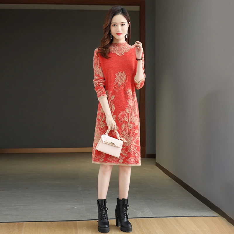 洋气针织高档连衣裙女装2025年新款毛衣裙秋冬季显瘦长袖打底裙子
