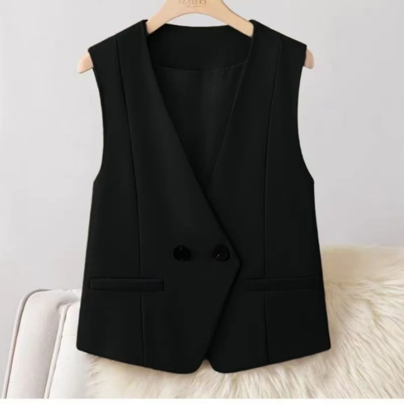 马夹双排扣免烫女短款套装女士上衣修身无袖气质春秋显瘦马甲