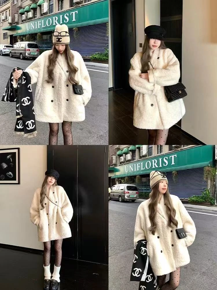 人造皮草 双排扣厚款保暖V领女长袖短外套毛呢羊羔绒外套韩版