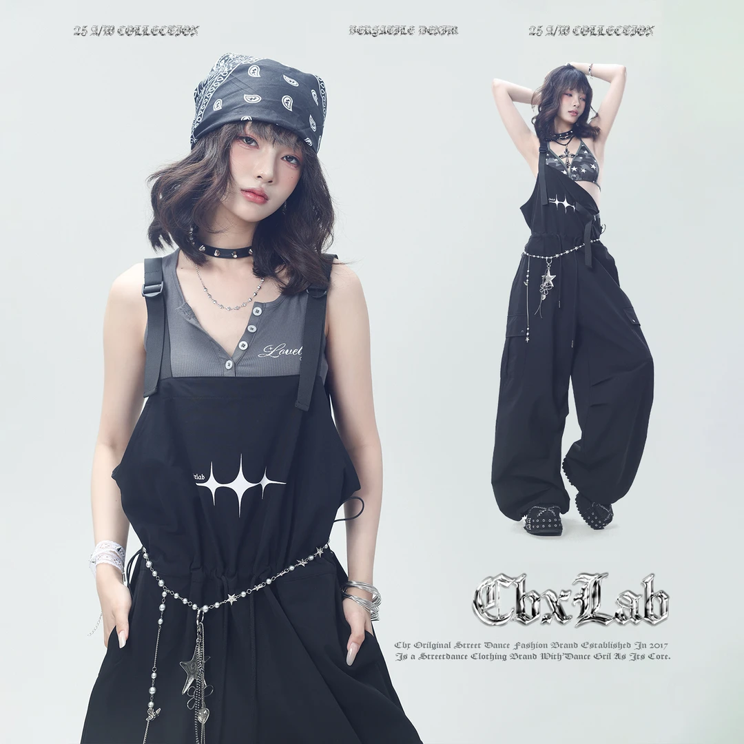 【达人专属】CBXLAB街舞潮牌黑色复古街头嘻哈背带遮胯显瘦工装裤