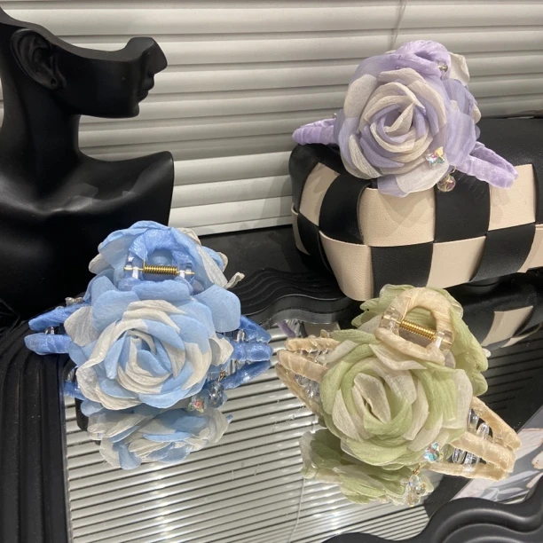 E4457玫瑰花朵13cm抓夹半扎发夹女2025新高级感后脑勺鲨鱼夹头饰