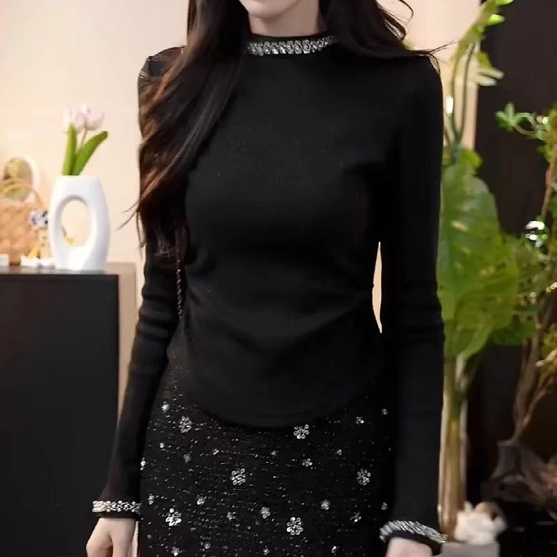 半高领重工镶钻长袖T恤大码女装胖mm春季欧货修身显瘦打底衫上衣