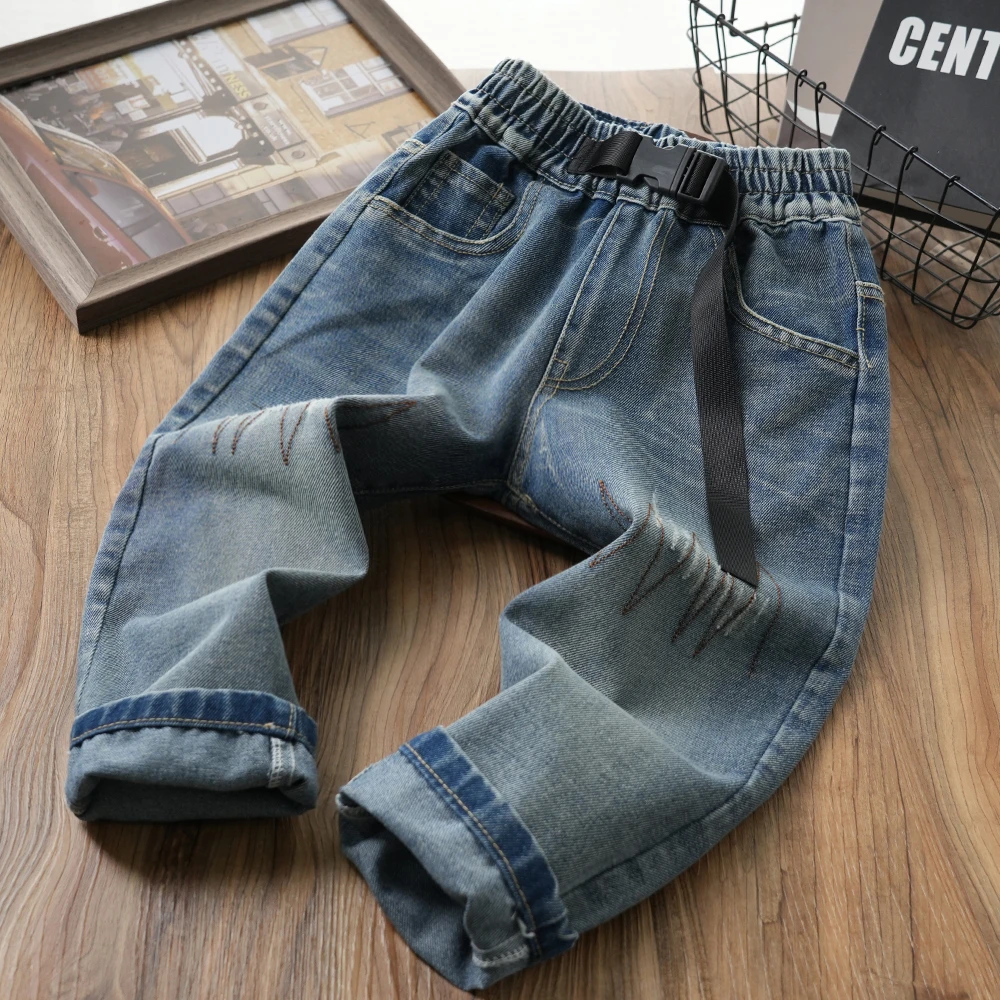 儿童春季百搭时尚明线腰带牛仔裤男童中大童1968皮标裤子S829