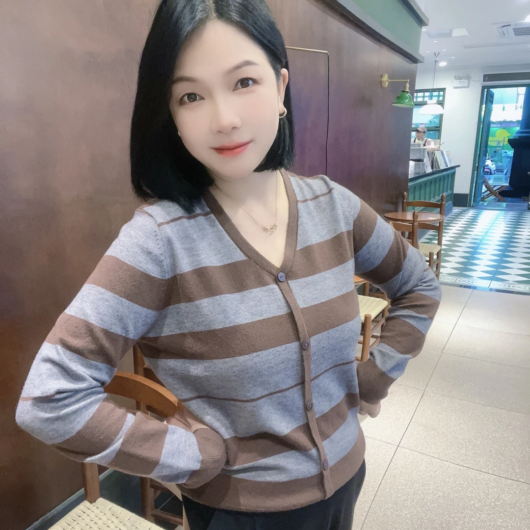 5534/5545系列款秋上新~丹宁风保暖条纹针织美拉德色系休闲假开衫