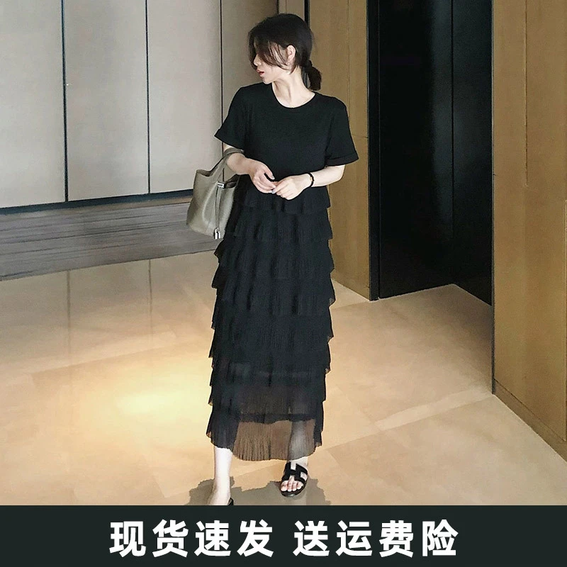 夏季胖mm女装裙子蛋糕短袖雪纺显瘦2025新黑色法式连衣裙A字裙