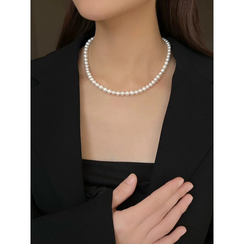 天然珍珠项链8mm近圆强光珍珠项链素链S925银尾链LH0537