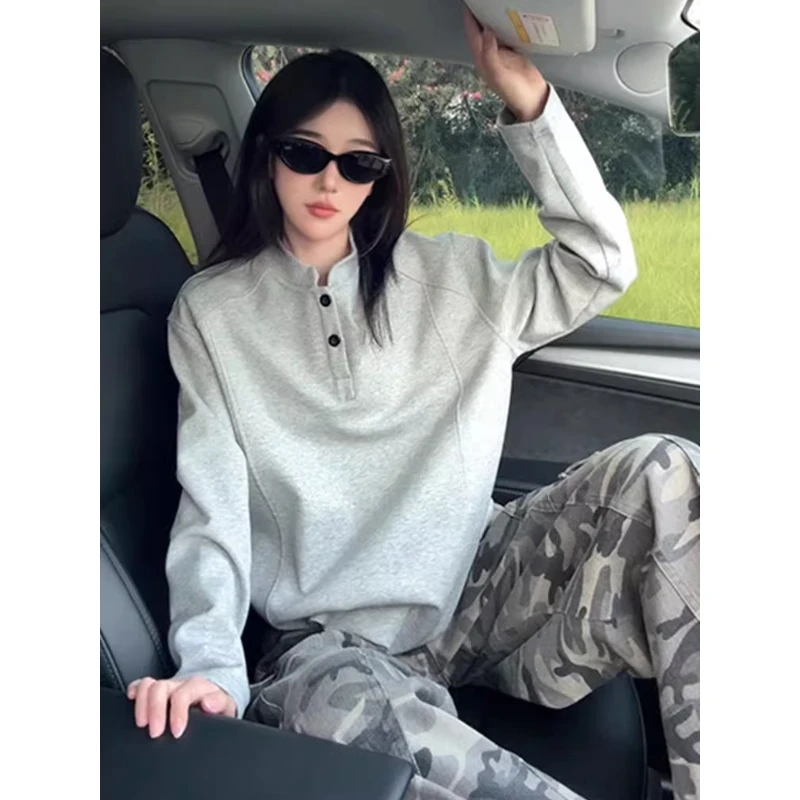 美式正肩亨利领polo衫卫衣男女款秋季解构拼接长袖t恤内搭打底衫