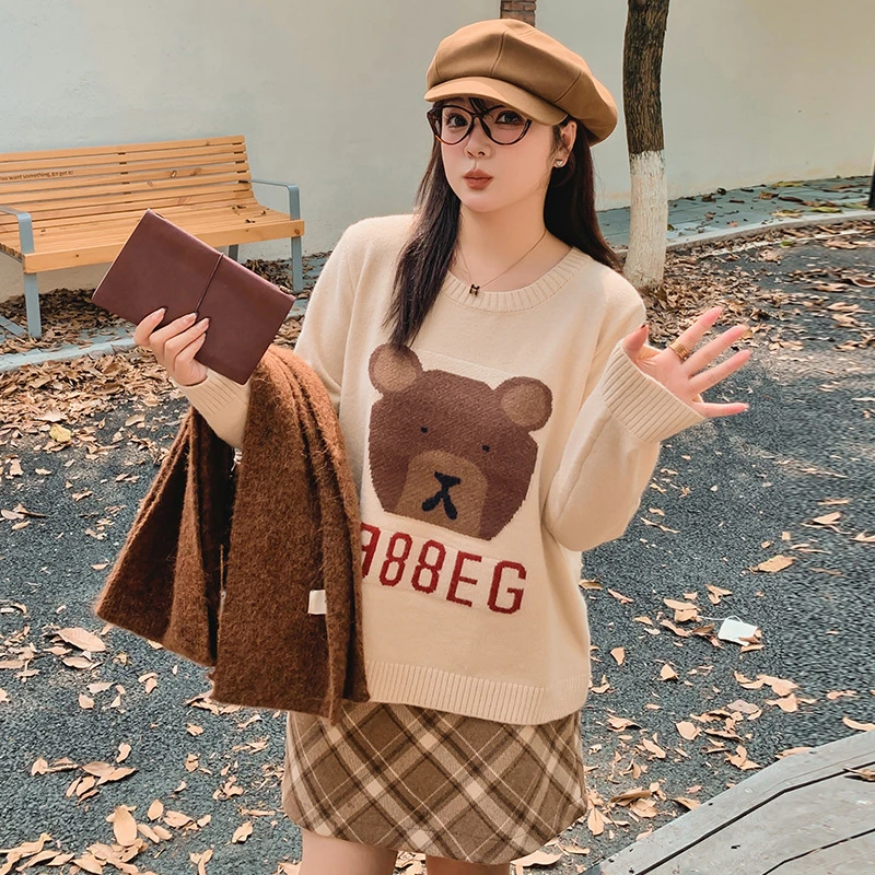 大码女装圆领提花毛衣女慵懒上衣2024秋胖mm外搭宽松针织衫22696