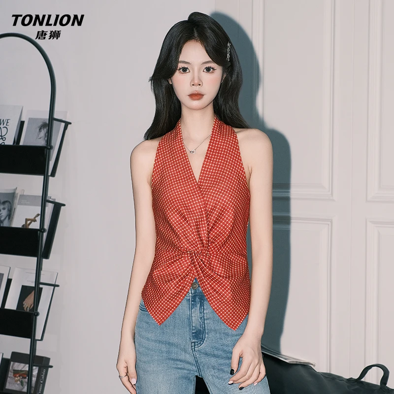 唐狮法式复古红格V领扭结挂脖吊带小衫女氛围感背心收腰无袖上衣