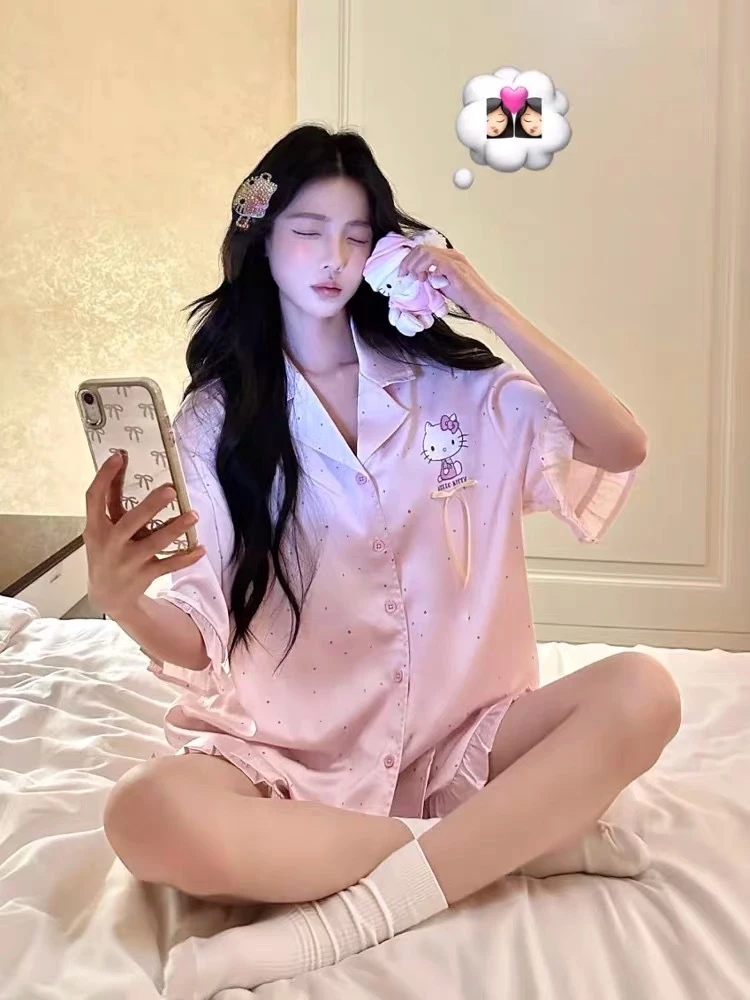 ins少女甜美可爱卡通KT猫印花睡衣女夏季新款短袖短裤家居服套装
