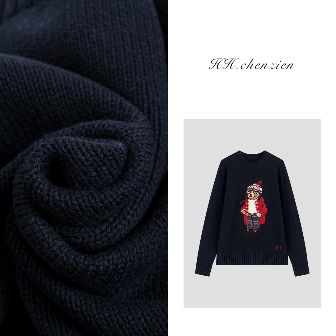 【黑黑家】冬季女款圆领重工小熊刺绣针织衫上衣