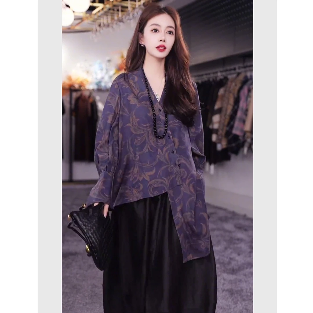 新中式国风套装高端精致减龄巨好看的紫色印花上衣2025年早秋新款