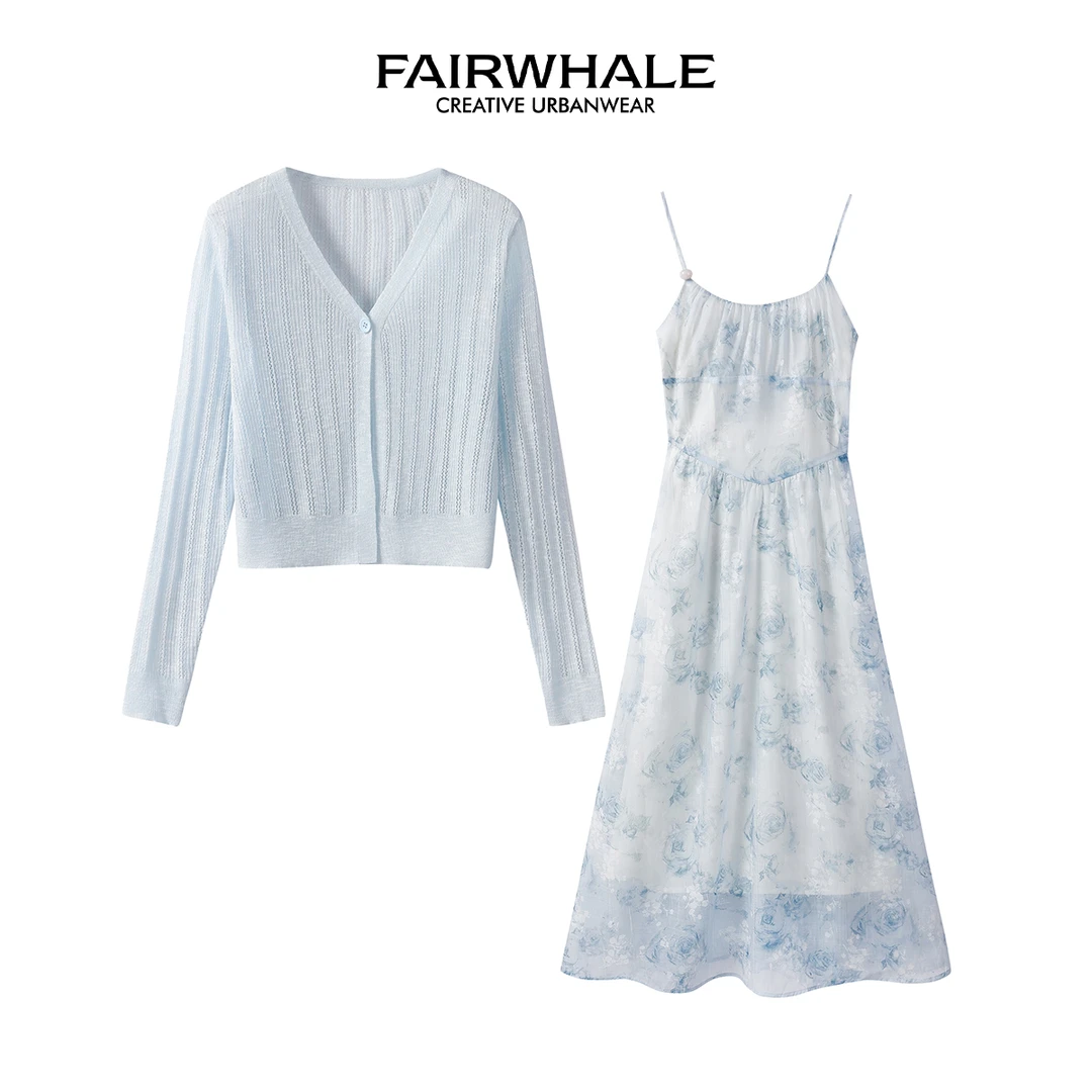 马克华菲森系法式休闲风时尚套装针织开衫吊带连衣裙夏季两件套女