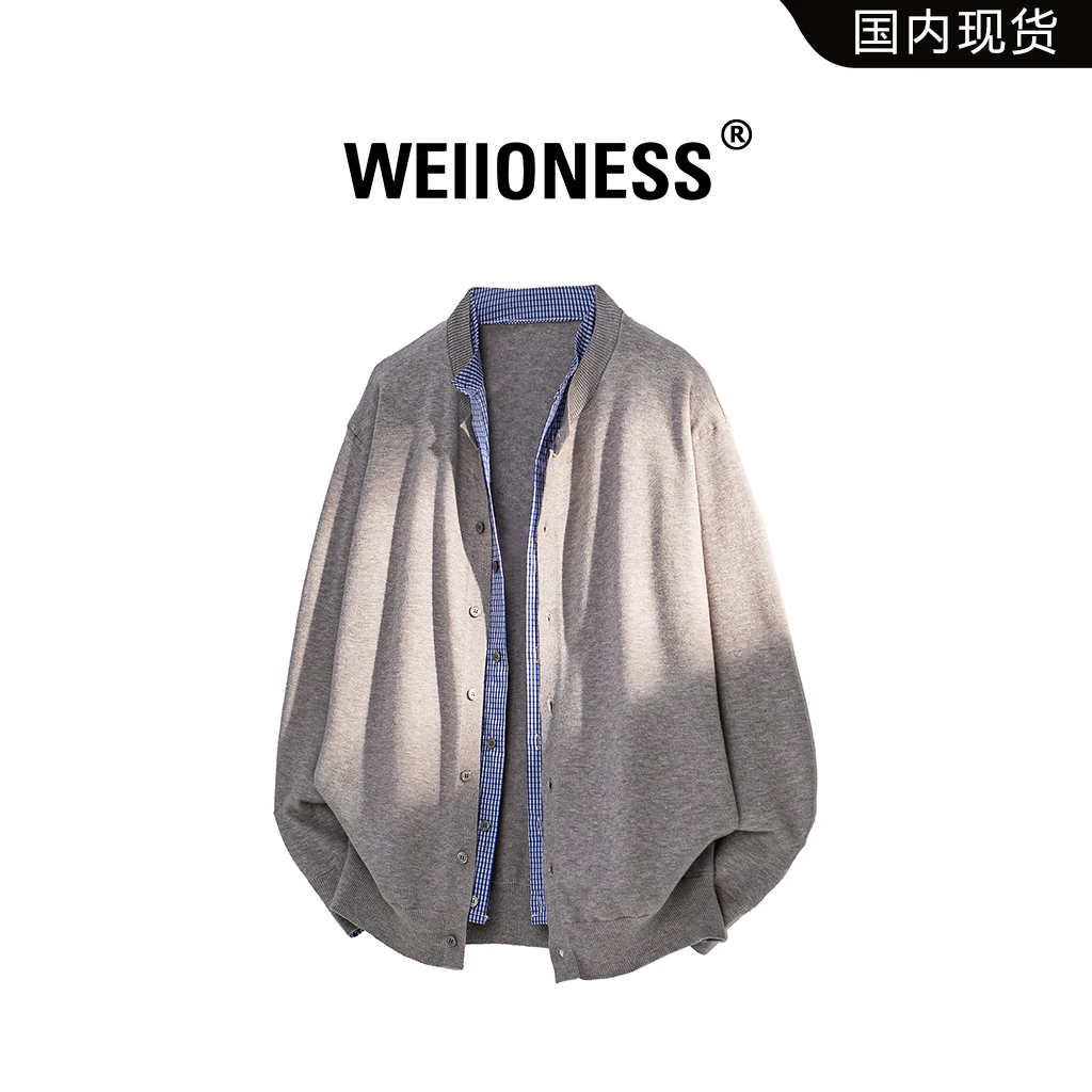 WEIIONESS美式潮流假两件开衫毛衣男秋季格子拼接痞帅宽松外套