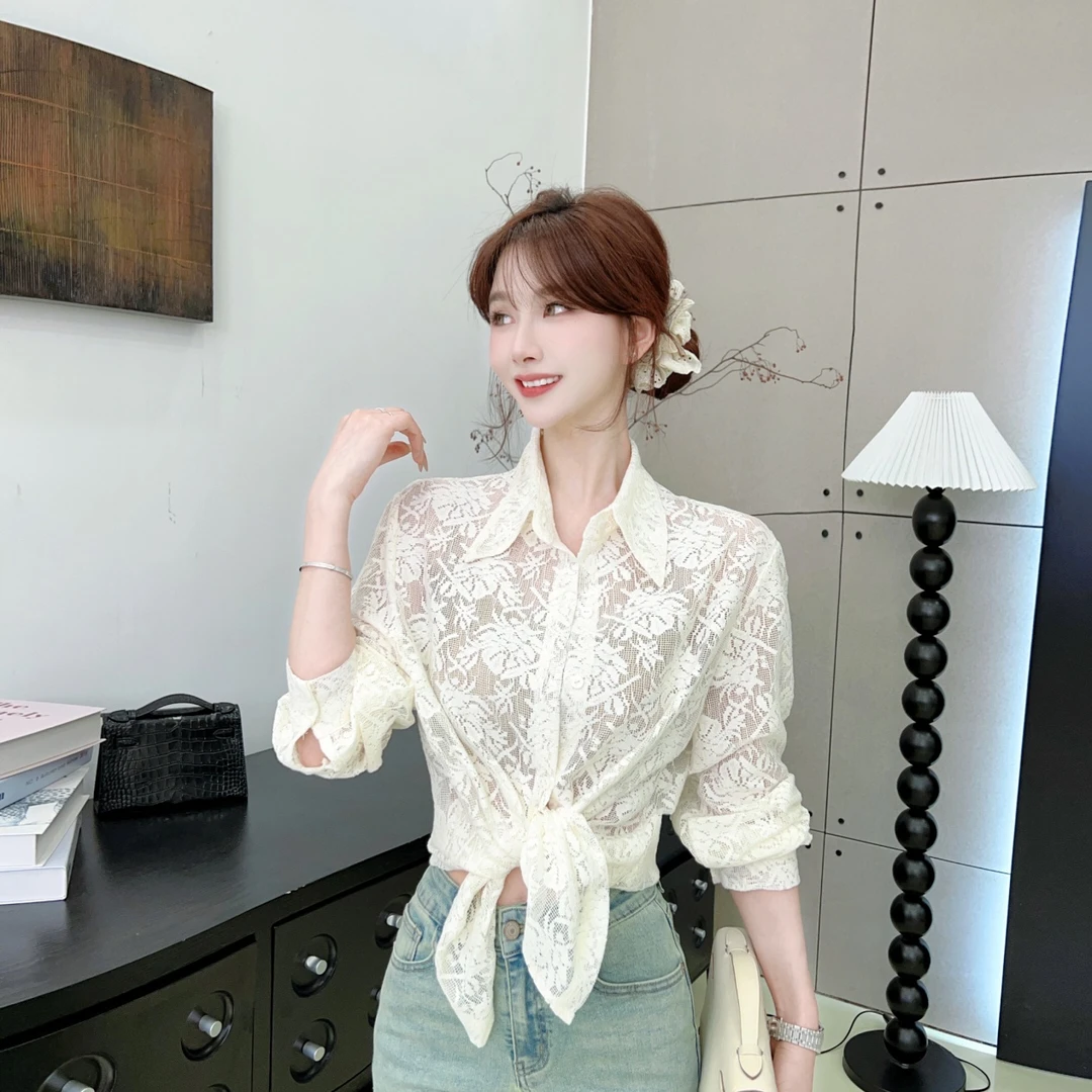 卡卡《北欧钩花》剪花肌理感毛边宽松慵懒风衬衫长袖外穿内搭衬衣