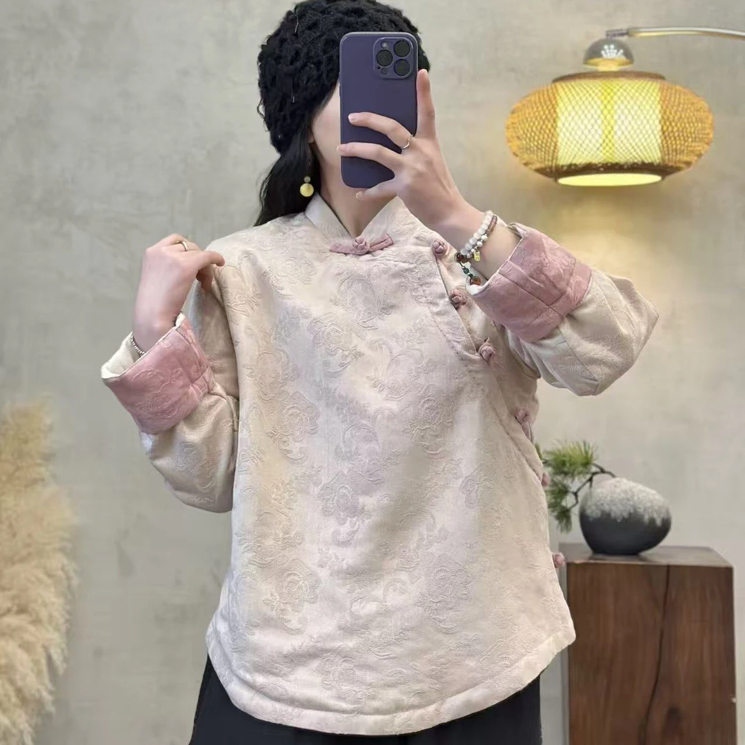 小立领提花夹棉右斜襟盘扣开衫