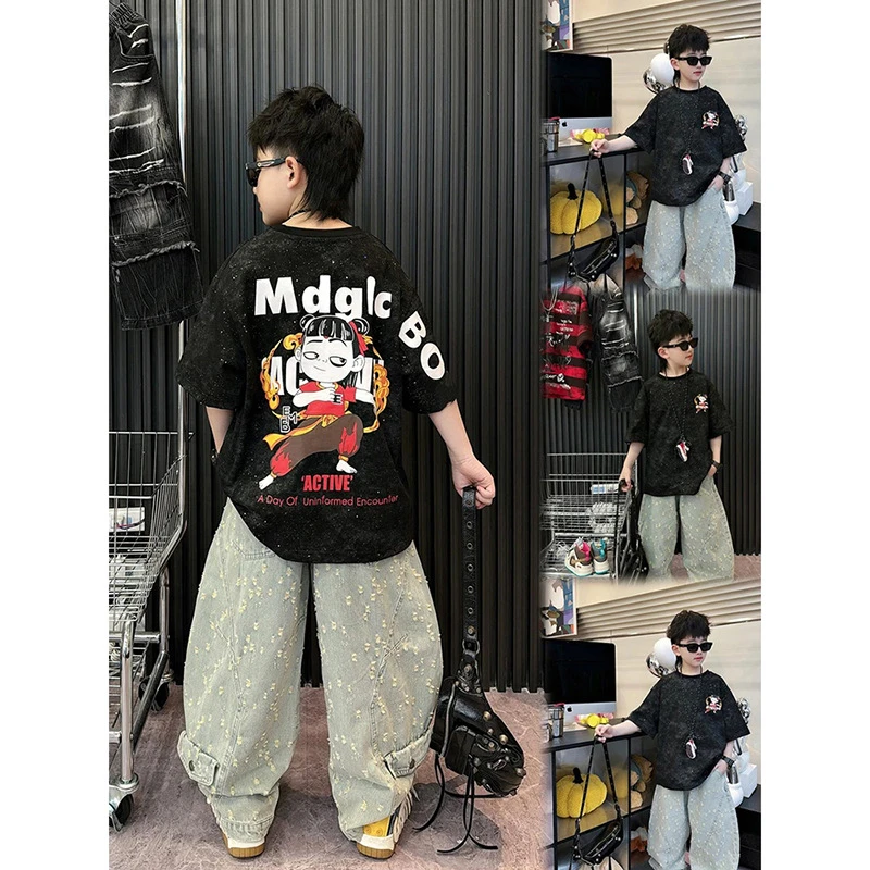 男童2025夏季新款时尚酷帅炸街中大童哪吒图案纯棉短袖T恤上衣