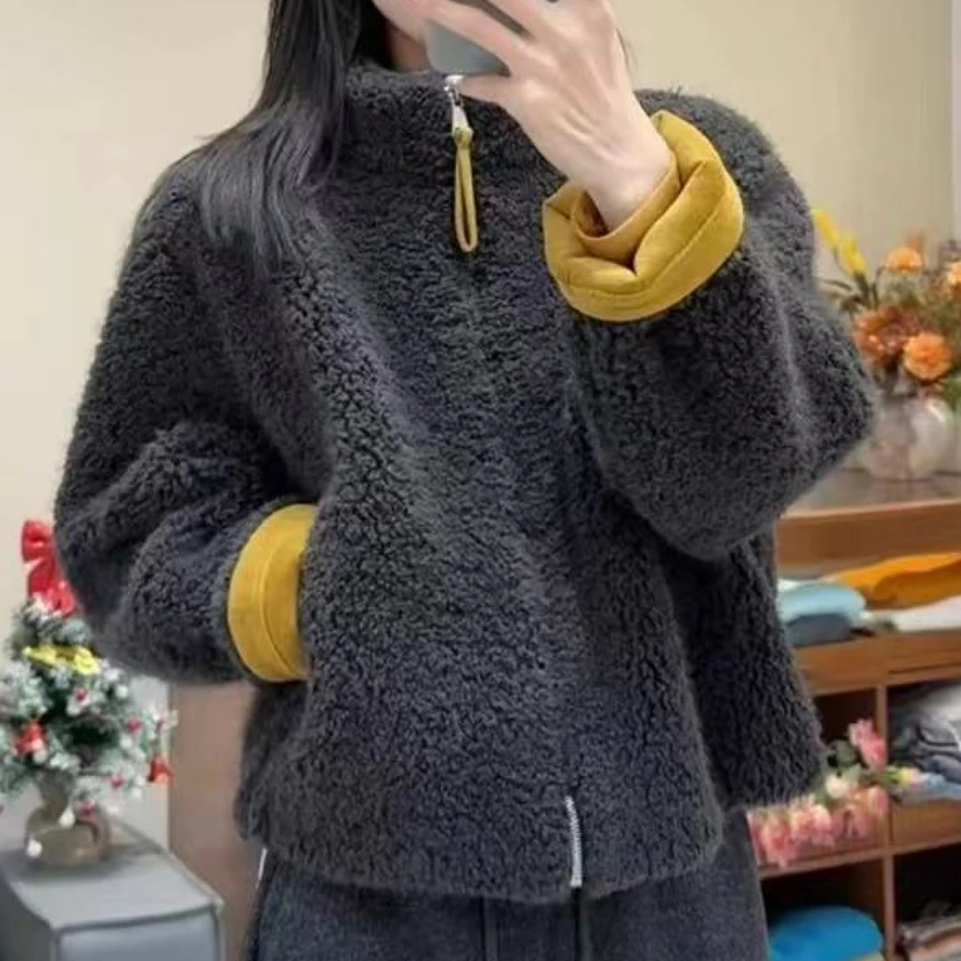 韩系立领撞色皮毛一体短外套女2025冬季新款保暖毛茸茸外套88025#