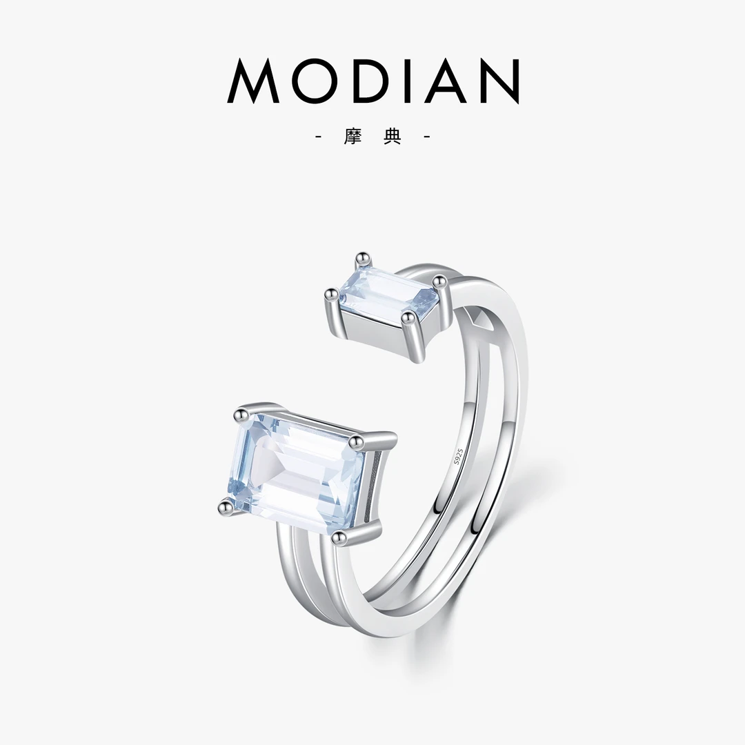 MODIAN/摩典 925银戒指 双层设计仿海蓝宝戒指女小众几何开口指环