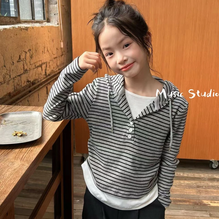 金色童年潮童馆秋季常规卡通风条纹春秋女时尚童装女童长袖休闲