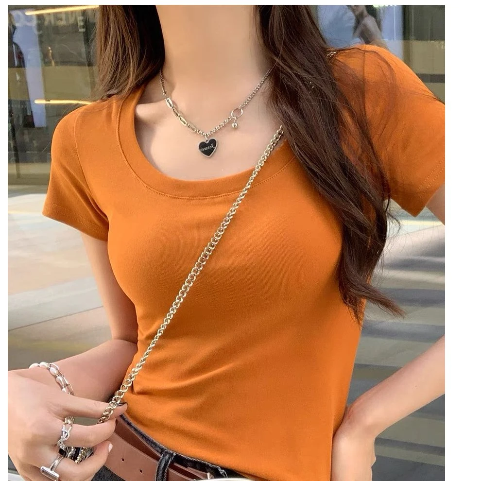 纯色短款短袖常规T恤黑色正肩t恤不规则性感修身韩版打底衫高腰