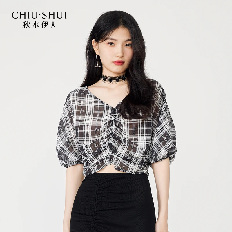 【苏含笑】秋水伊人V领格子上衣女装短款雪纺衫623205A050461