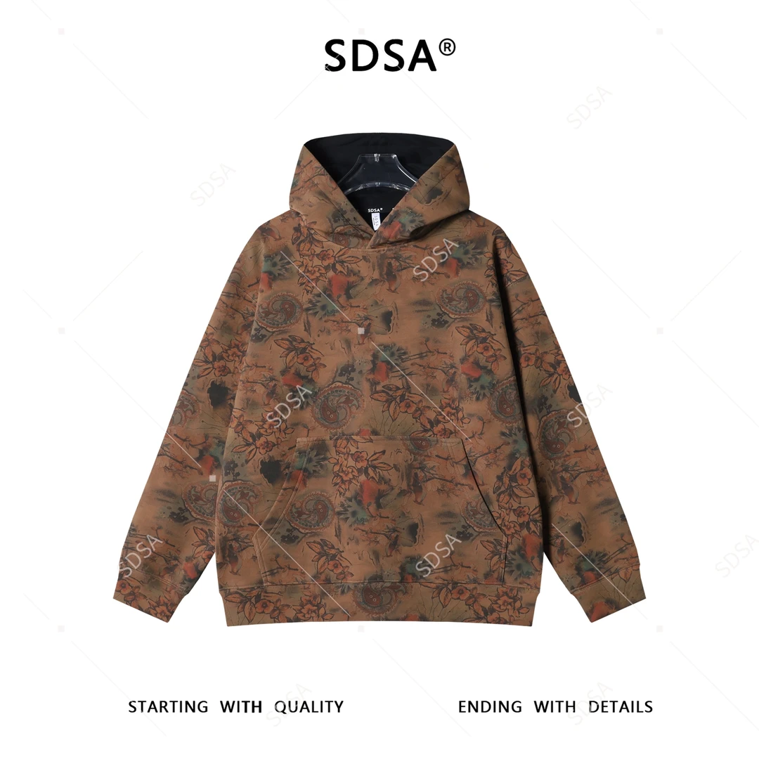 SDSA男士秋冬新款痞帅男装潮牌扎染植物花卉连帽卫衣宽松百搭上衣