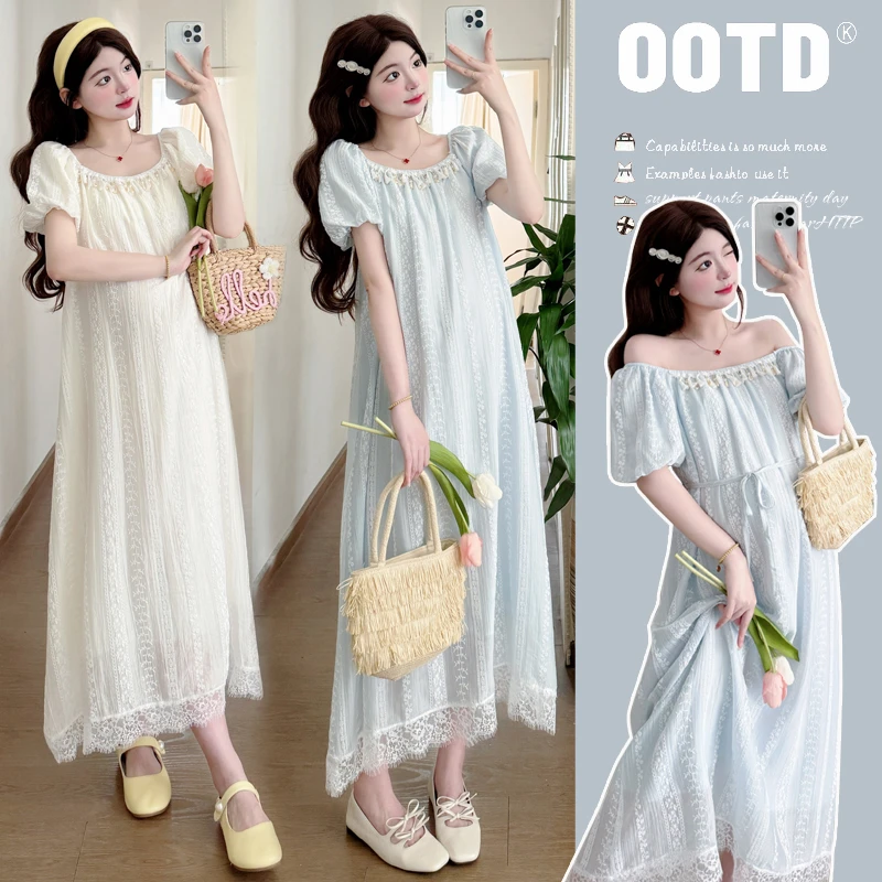 夏季新款孕妇中长款大码法式一字肩连衣裙时尚宽松显瘦气质甜美