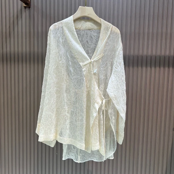 43 V领压褶新中式中长款衬衫