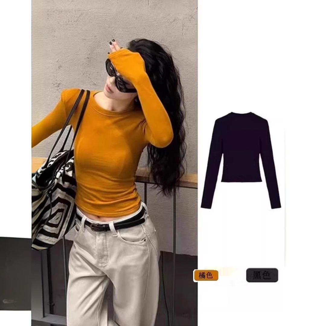 小个子正肩加绒磨毛打底衫女秋冬内搭可外穿短款长袖t恤修身上衣