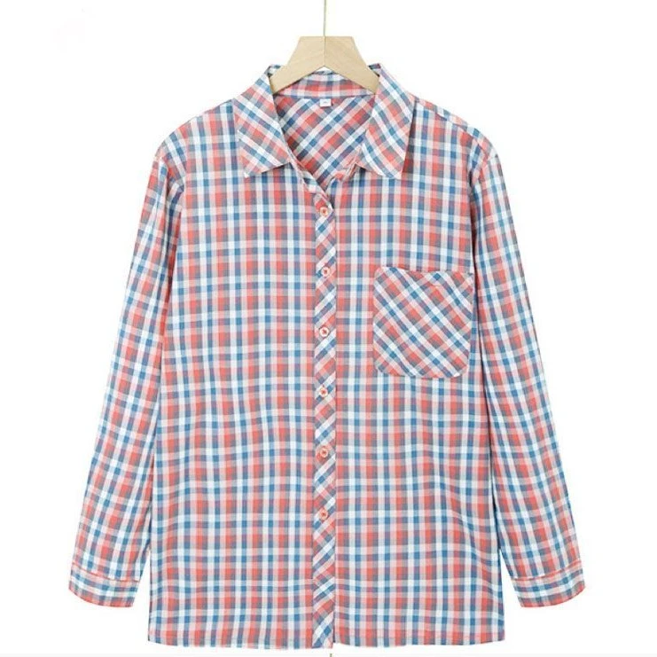 中老年夏季女士纯棉长袖格子宽松大码衬衫妈妈装上衣