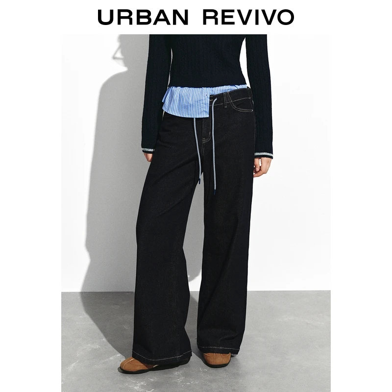 UR2025冬季新款女装休闲后松紧腰抽绳抓绒牛仔长裤UYY850264