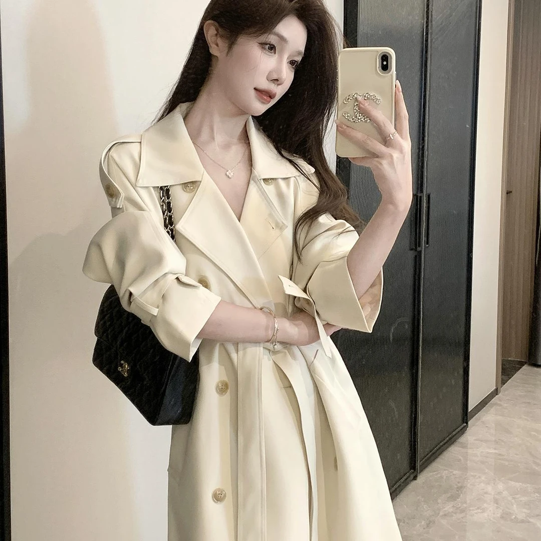 米白色风衣外套女2025春秋季新款中长版韩系气质小个子高级感大衣