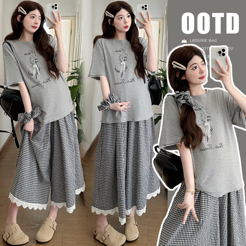 孕妇装夏季2025新款小狗蕾丝T恤上衣格子裤花边拼接猪鼻扣调节