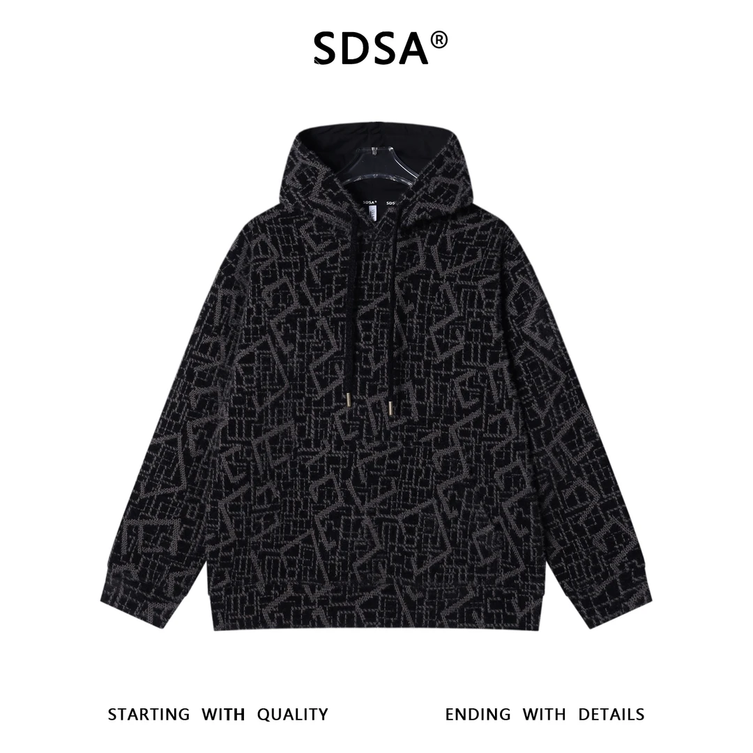 SDSA男士秋冬新款痞帅男装潮牌绒毛图形抽绳连帽卫衣百搭宽松上衣