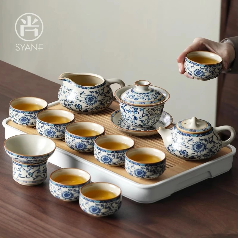 汝窑繁花功夫茶具轻奢高档茶壶喝茶茶杯一套家用办公泡茶器具