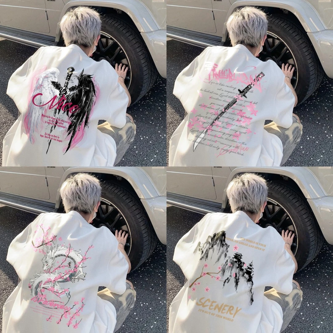 纯棉重磅短袖夏季国潮印花宽松型oversize男女情侣同款圆领半袖潮