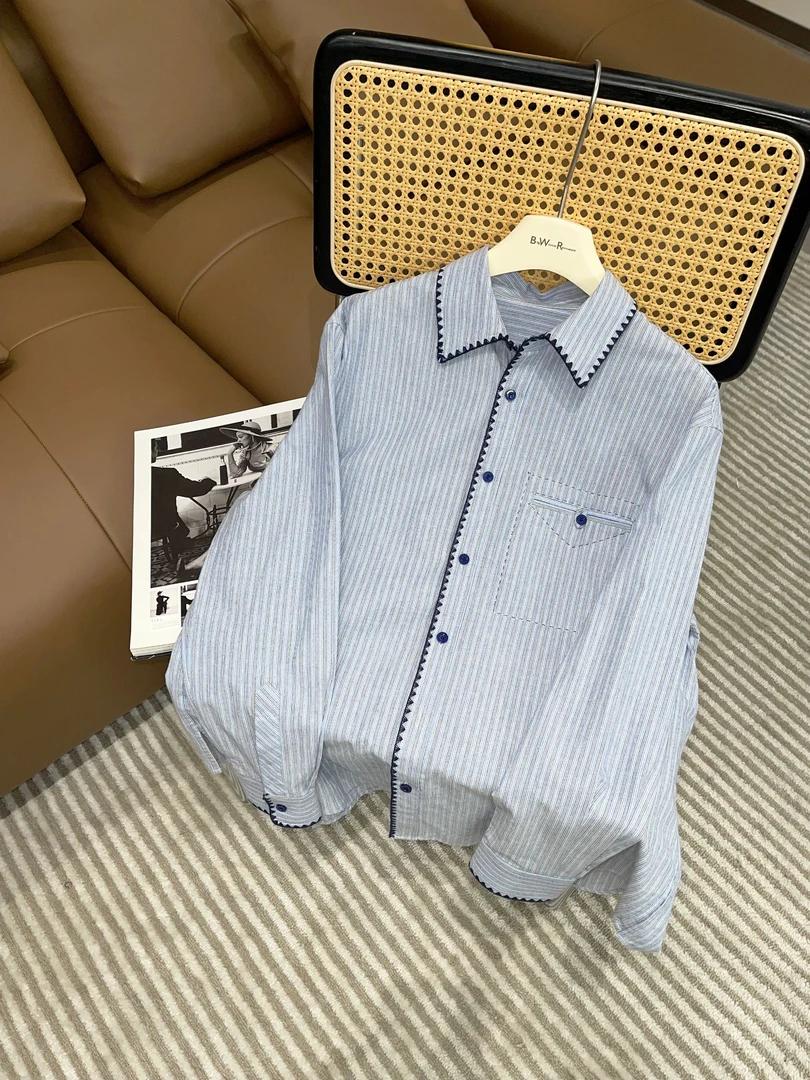 BIG WHITE REMADE“时尚先锋”进口纯棉设计感蓝色显白衬衫D5L356