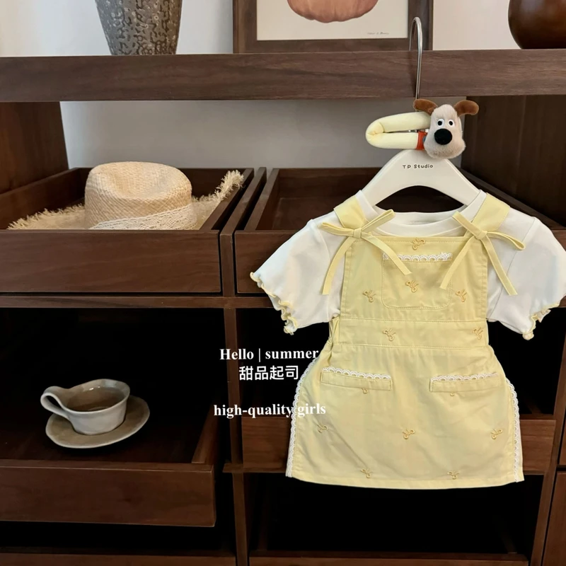女童夏季2025新款背带裙套装T恤洋气绣花两件套时尚女宝宝裙子潮