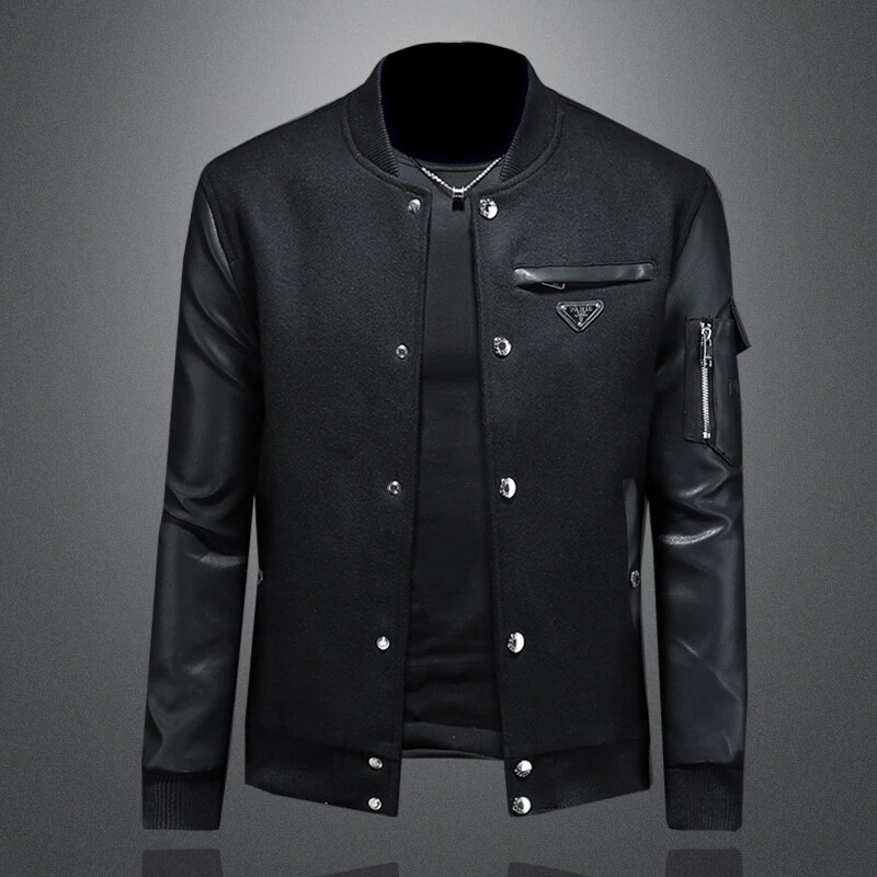 VENUIWON男呢料拼接棒球领夹克男士休闲毛呢外套修身潮牌秋季新款