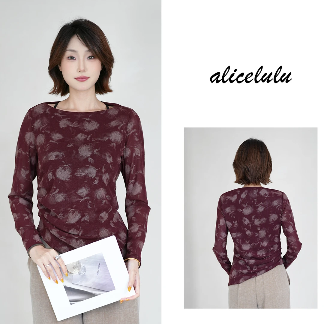 [alicelulu]圆领褶皱玫瑰花水墨花显瘦衬衫上衣S2144449W
