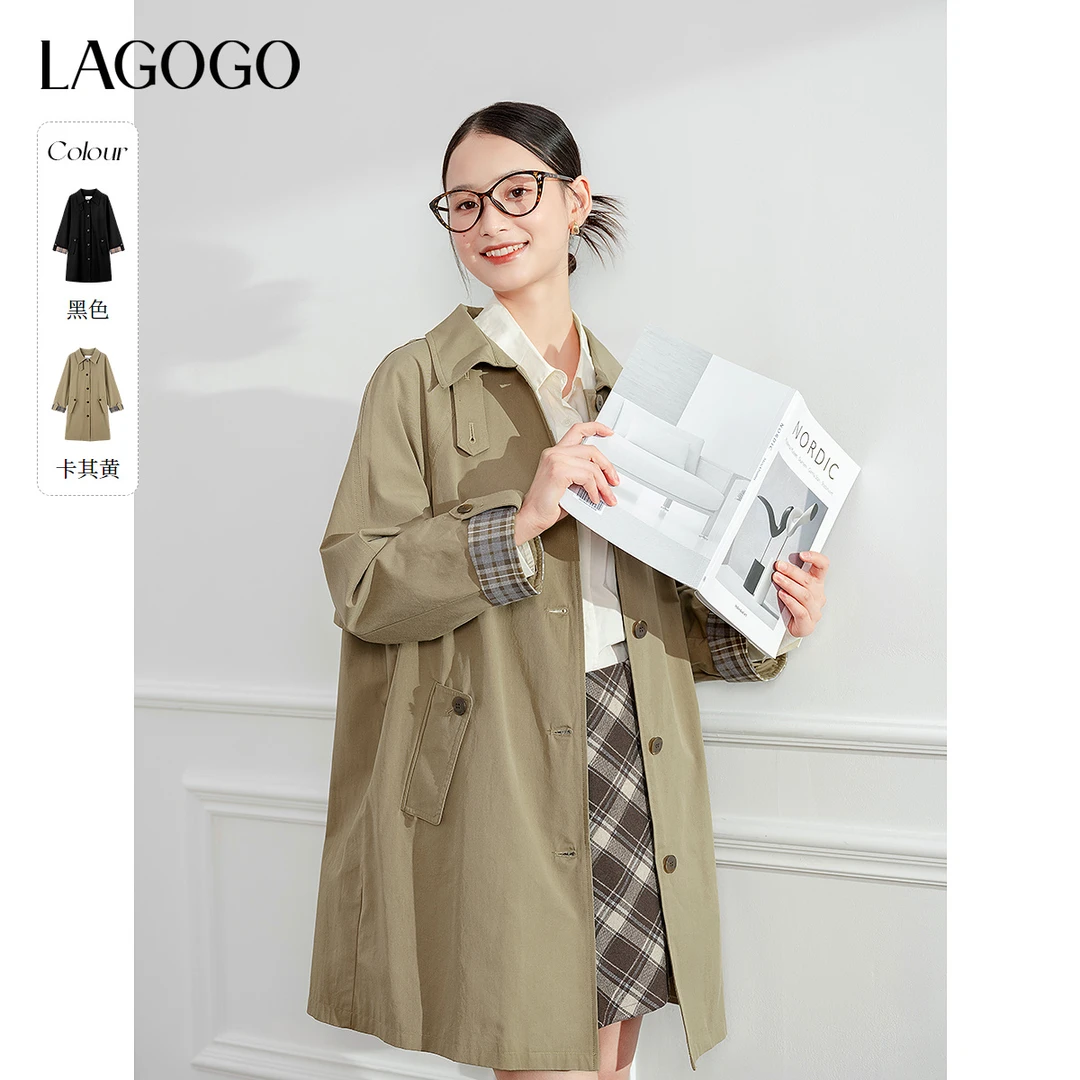lagogo拉谷谷年新款经典翻领风衣百搭通勤外套女NCFF258C43