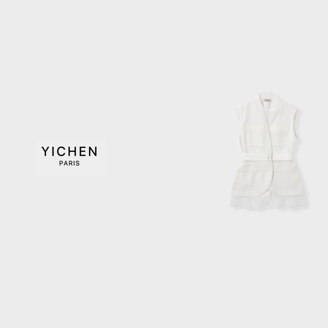 YC 纯白色双口袋拼接腰带款无袖马甲外套-1991