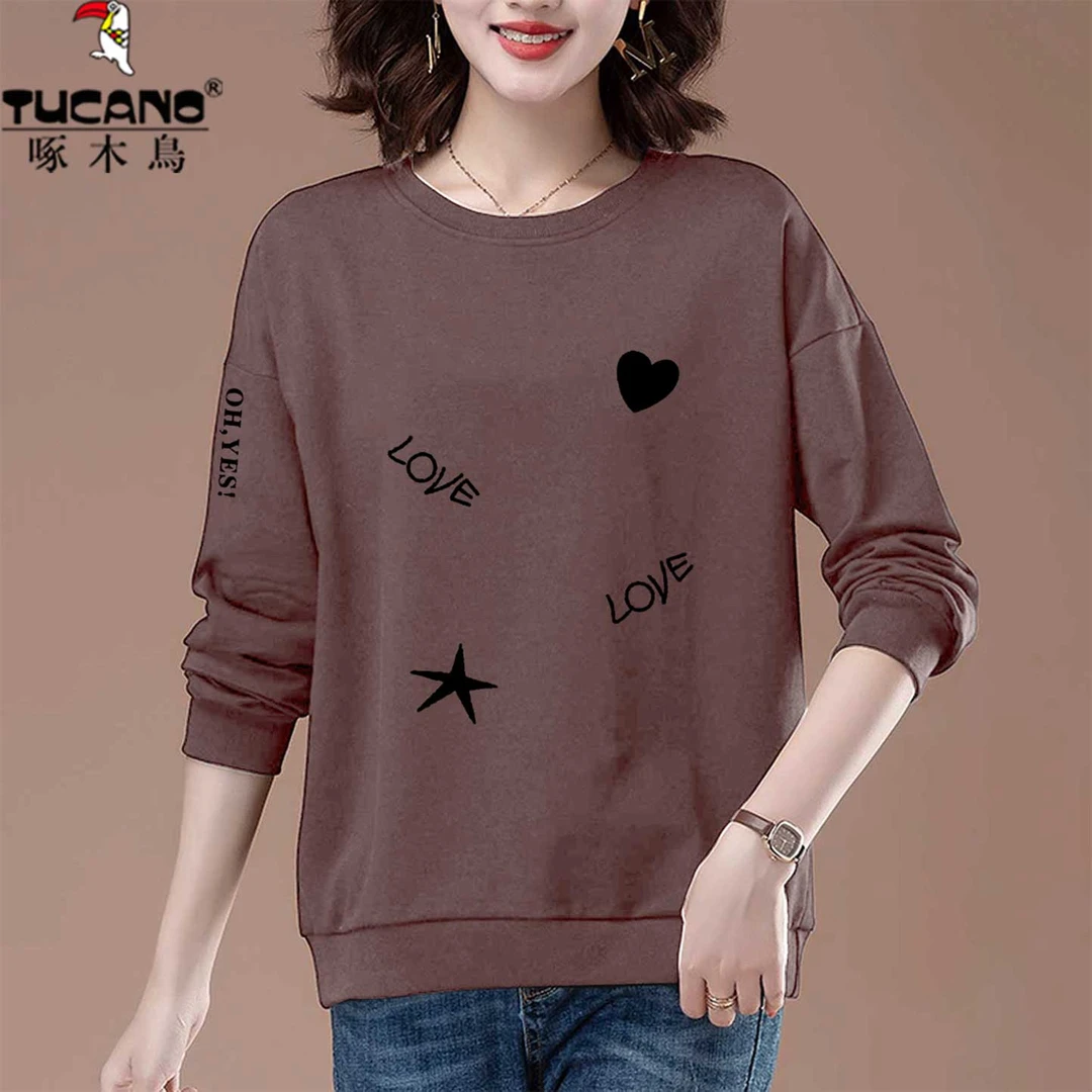 啄木鸟圆领正肩卫衣女2025新款宽松外套秋冬加绒印花长袖上衣