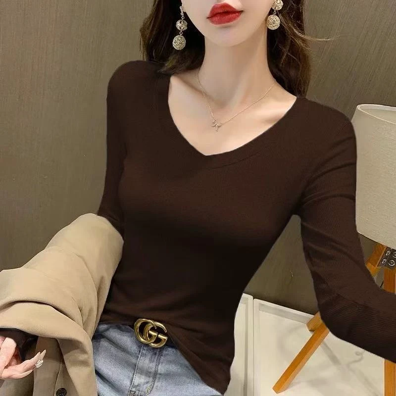 088Q V领长袖T恤修身百搭有法式圆领韩版DJ7272